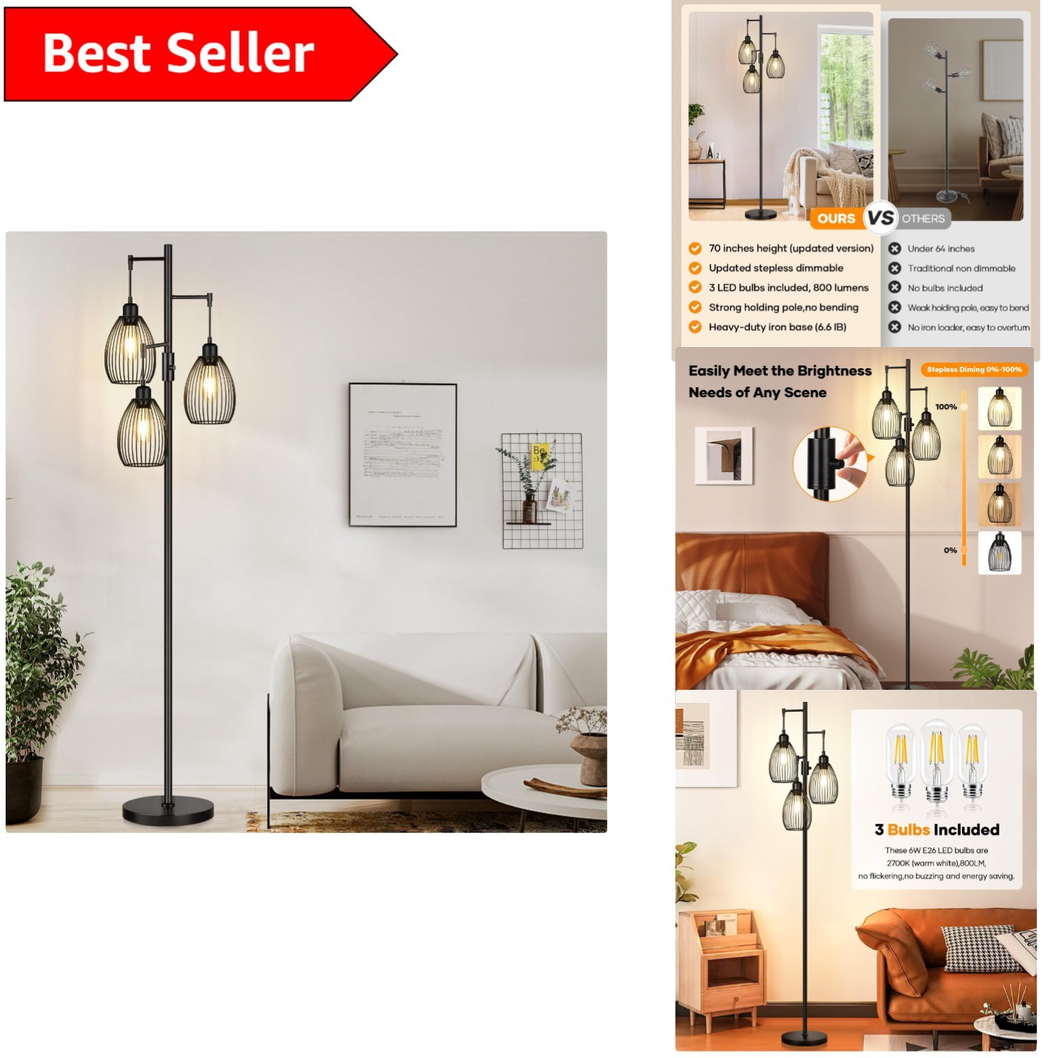 Modern Industrial Floor Lamp with Remote & 3 LED Bulbs Included