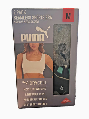 PUMA Women's 2 Pack Square Neck Sports Bra M Black Gray DRYCELL Removable Cups