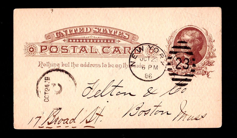 USA October 23, 1886, to Boston, Order. One Cent Liberty Used