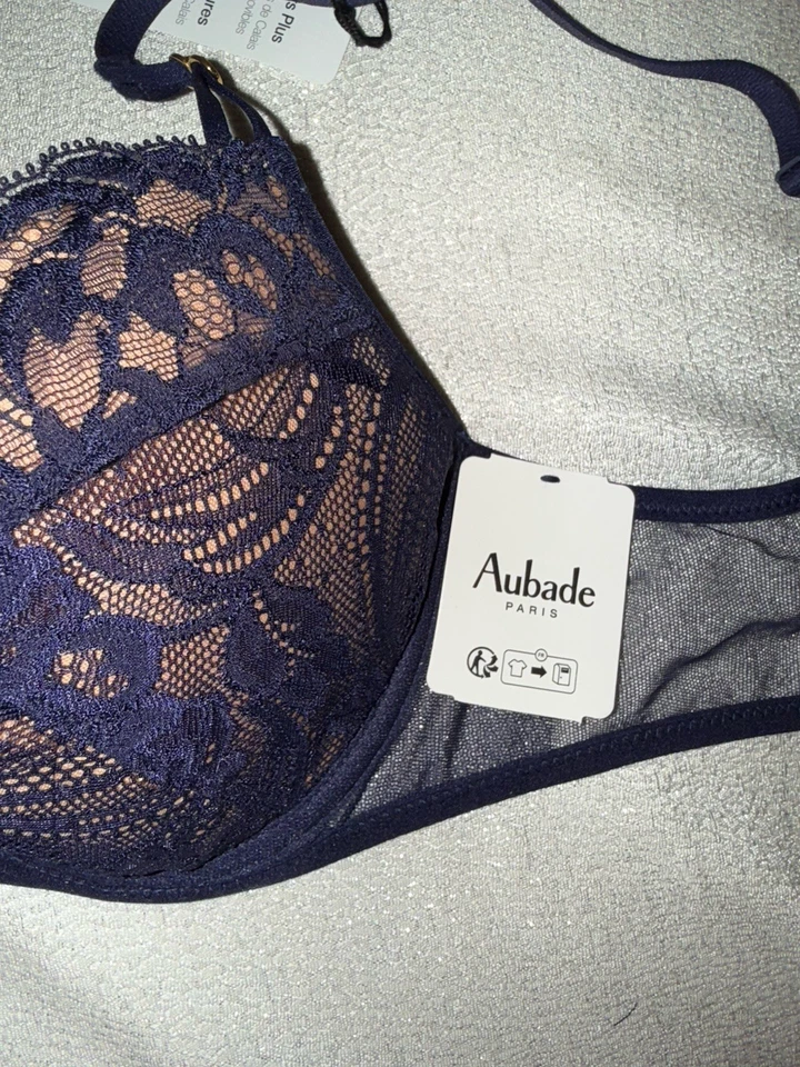 全新 Aubade 胸罩 Add A 杯垫 法国 金色 五金 蕾丝网眼 海军蓝 墨水 蓝色 34c — 第 3/4 张图片