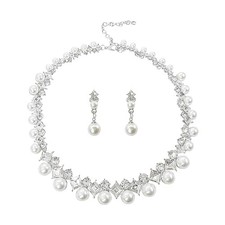 Pearl Necklace for Women, Round Imitation Pearl Choker Necklace 2pcs Silver