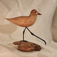Joe Simone Folk Art Sandpiper Bird Carving Sculpture on Drift Wood United States