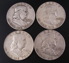 Lot Of 4 Franklin Half Dollars 90 Silver All Denver Mint 1959, 60, 62, 63-D