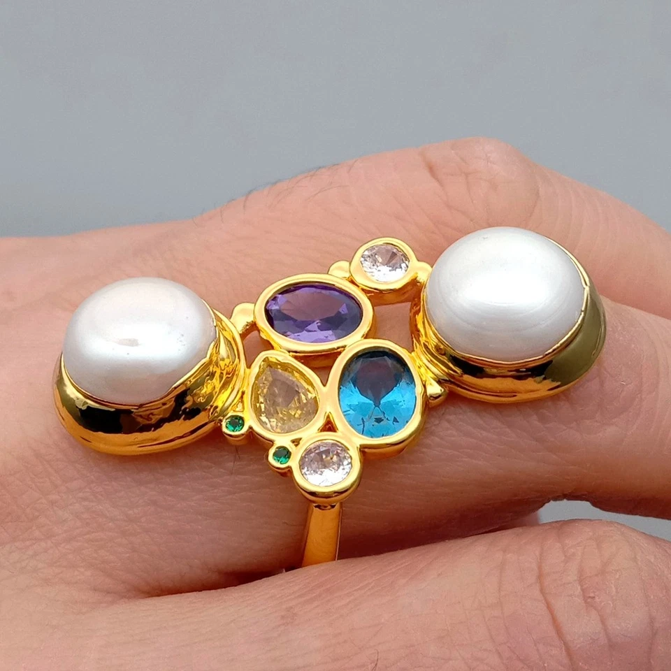 Anillos románticos para mujer de perlas naturales anillo ajustable multicolor circonita Foto 4 de 4