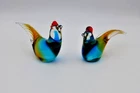 Hand Blown Murano Style Vibrant Blue Red Gold Rooster & Hen Art Deco Figures