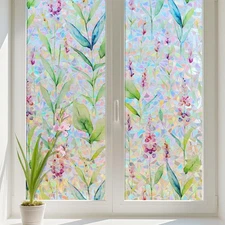 Decorative Window Privacy Film, 3D Floral Stained Glass Window Film Static Cl...