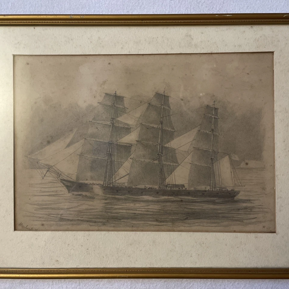 Velas antiguas de varios cuartos de fragata naval de dibujo. Firmado Sir Herbert Maxwell Foto 2 de 4