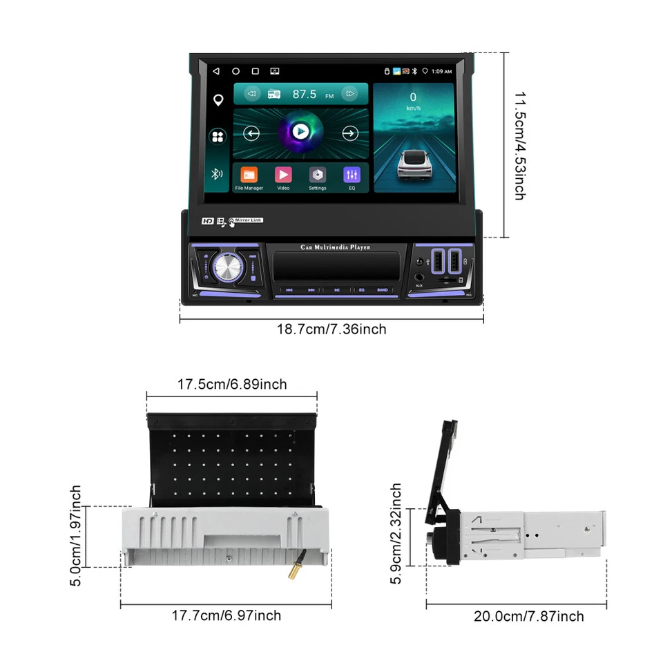 DAB+ 4+64G 1 DIN 7 Zoll Flip Out Android 15 Carplay Autoradio GPS WIFI FM BT KAM - Bild 2 von 4