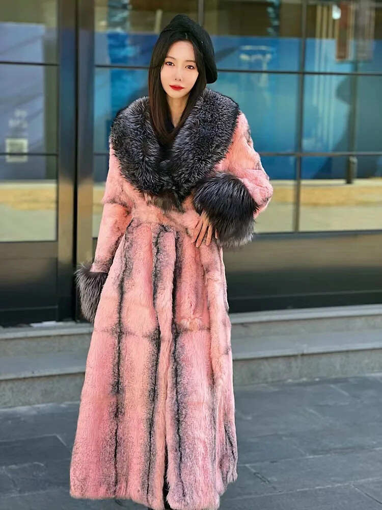 Genuine Leather Whole Print Long Women's Fur Coat Fashion Style