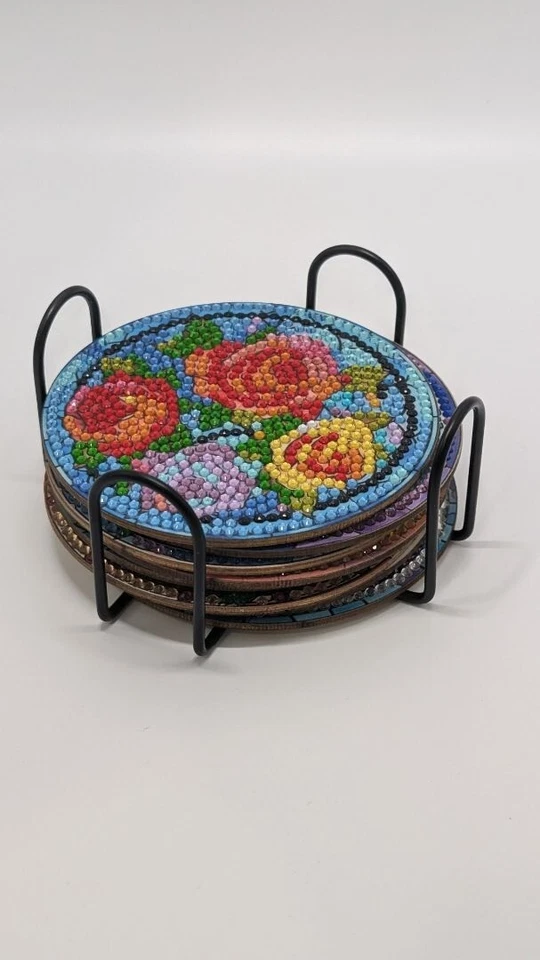 Nuevo con etiquetas Juego de 8 Posavasos Hechos a Mano con Diamantes de Imitación Vidrieras Flores Foto 2 de 4