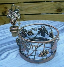 Bronze Color Metal Wine Bottle Caddy Holder with Stopper Grapes & Leaves
