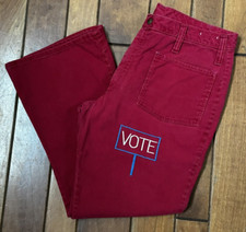 VINTAGE 1970s VOTE red denim jeans Bell bottoms Embroidery Hippie 34 x 28