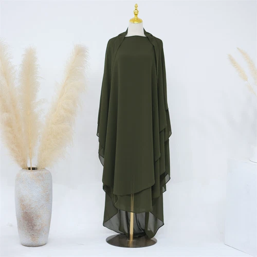 Two Layers Muslim Ramadan Women Large Khimar Hijab Niqab Burqa Tops Kaftan Dress