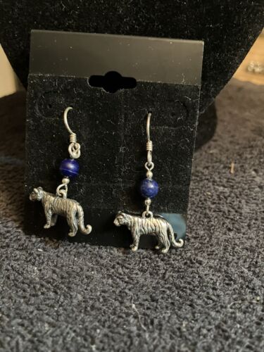 Sterling Silver Tiger with Lapis Dangle Earrings - image 1