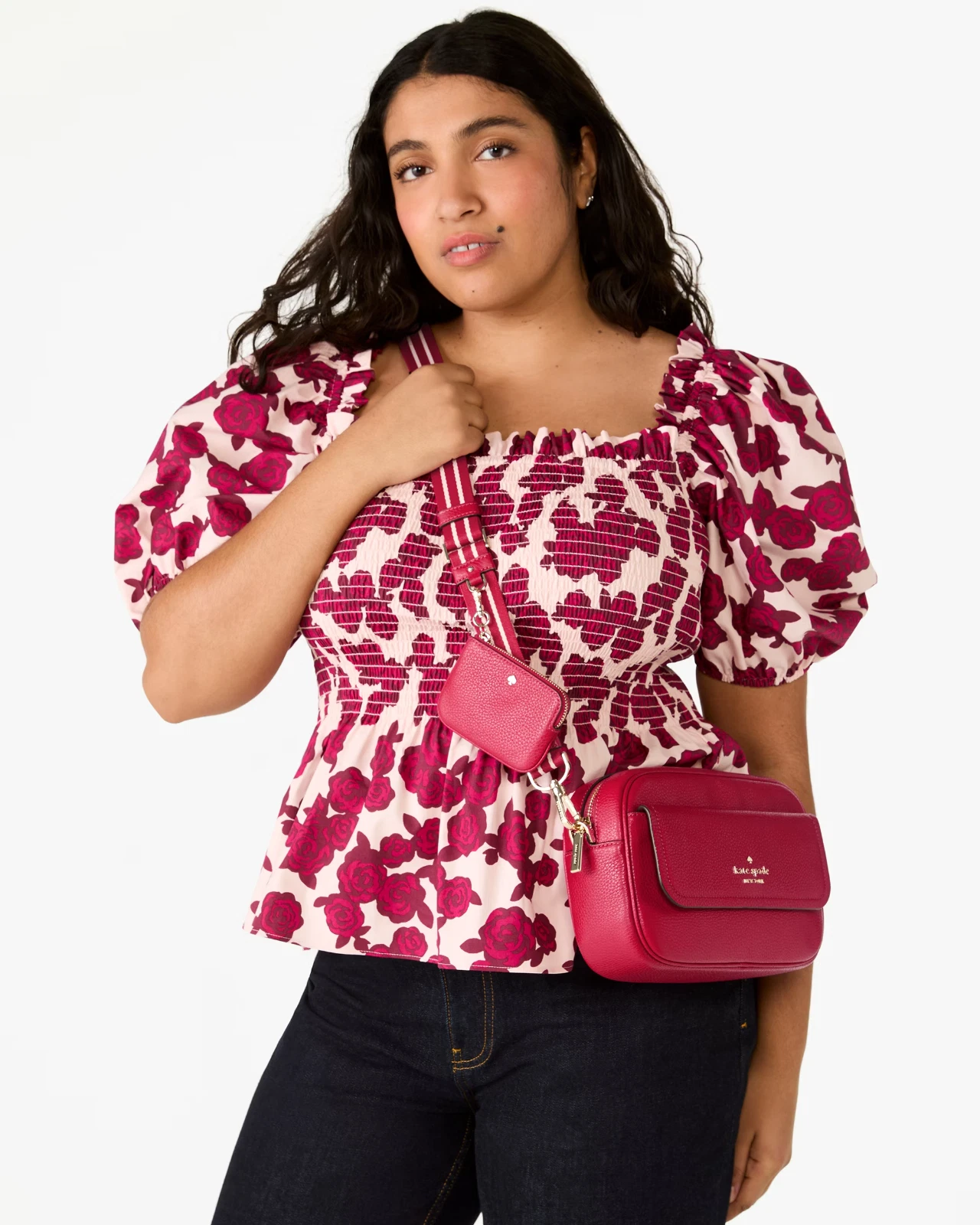 Nuova borsa per fotocamera Kate Spade Rosie in pelle piccola patta rosa rinascimentale polvere