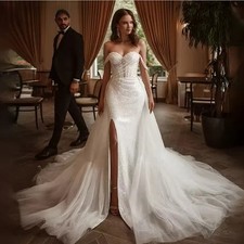 Shiny Beaded Sequined Wedding Dresses Side Slit With Detachable Train BridalGown