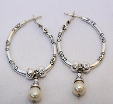 New Brighton Oval Hoop Charm Silver Crystal Bead Pearl Charm Lever Back Earrings