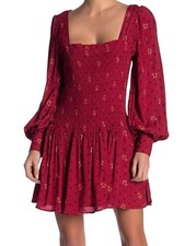 Free People NWT Two Faces Printed Mini Dress Ruby Combo Smocked Size S