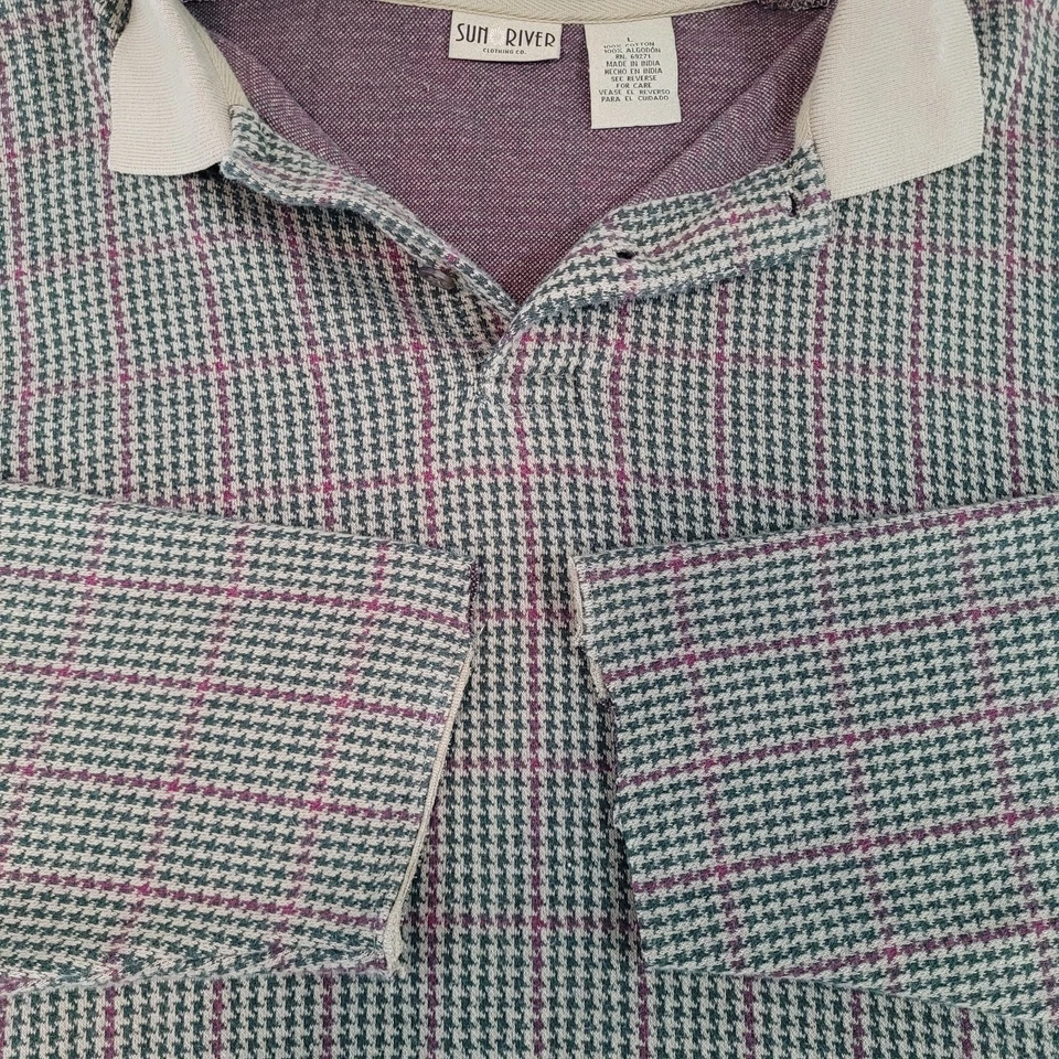 Sun River Green & Tan Houndstooth Cotton Long Sleeve Polo Shirt Size Large L - Image 4 of 4