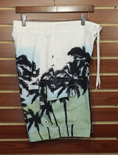 Merona Mens Board Shorts Swim Trunks Palm Print Lined White Medium