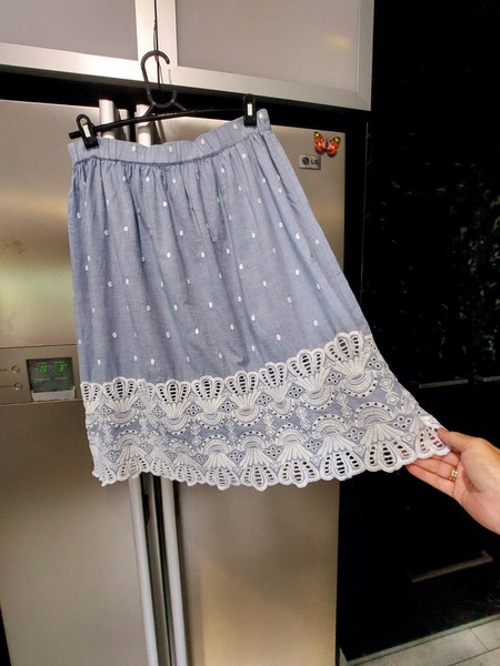 SEED 8 XS blue cotton white lace embroidered elastic waist flared boho skirt