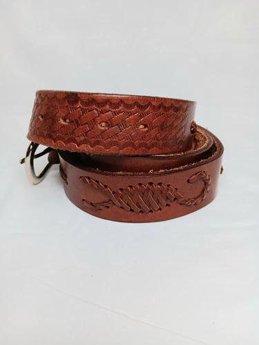 Leather Belt Mens Tooled Stamped Laced Brown 42 Western Womens Cowboy
