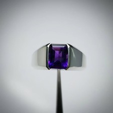 Natural Amethyst Ring 925 Sterling Silver Emerald Cut Men's Ring