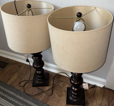 Set of 2 Table Lamps Beige Drum Fabric Shades Brown Wood Bases, Corded