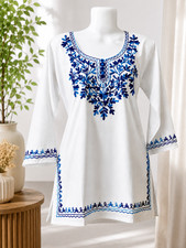 K.YCollection Women White Kashmiri Chikankari Reyon Short Kurti Indian tonic Top