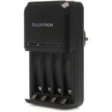 Battery Charger Compact Black Plastic AA/AAA Smart Fast NiMH 4-Slot LED UK Plug+