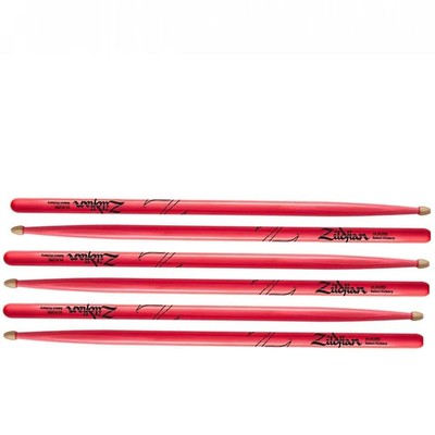 Zildjian 5A Acorn Neon Pink  Hickory Drumsticks Wood Acorn Tips - 3 Pairs