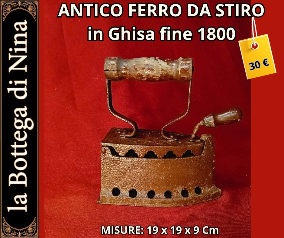 Ferro Da Stiro Antico In Ghisa Con Manico In Legno, Soprammobile Vintage 13x12x8,5 Cm, Fermaporta O Fermalibri Decorativo