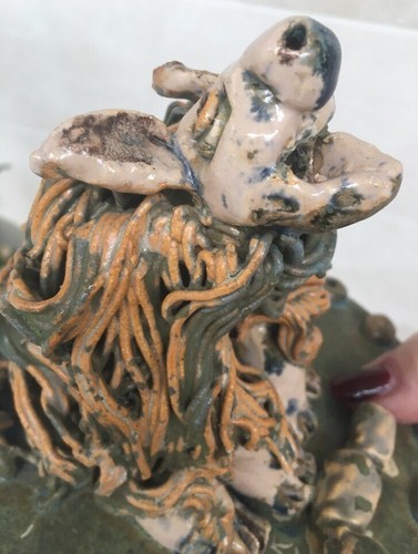 Handmade Studio Folk Art Pottery "Dog from Hell" Green 2 Piece Ceramic Vessel NC - Picture 3 of 9