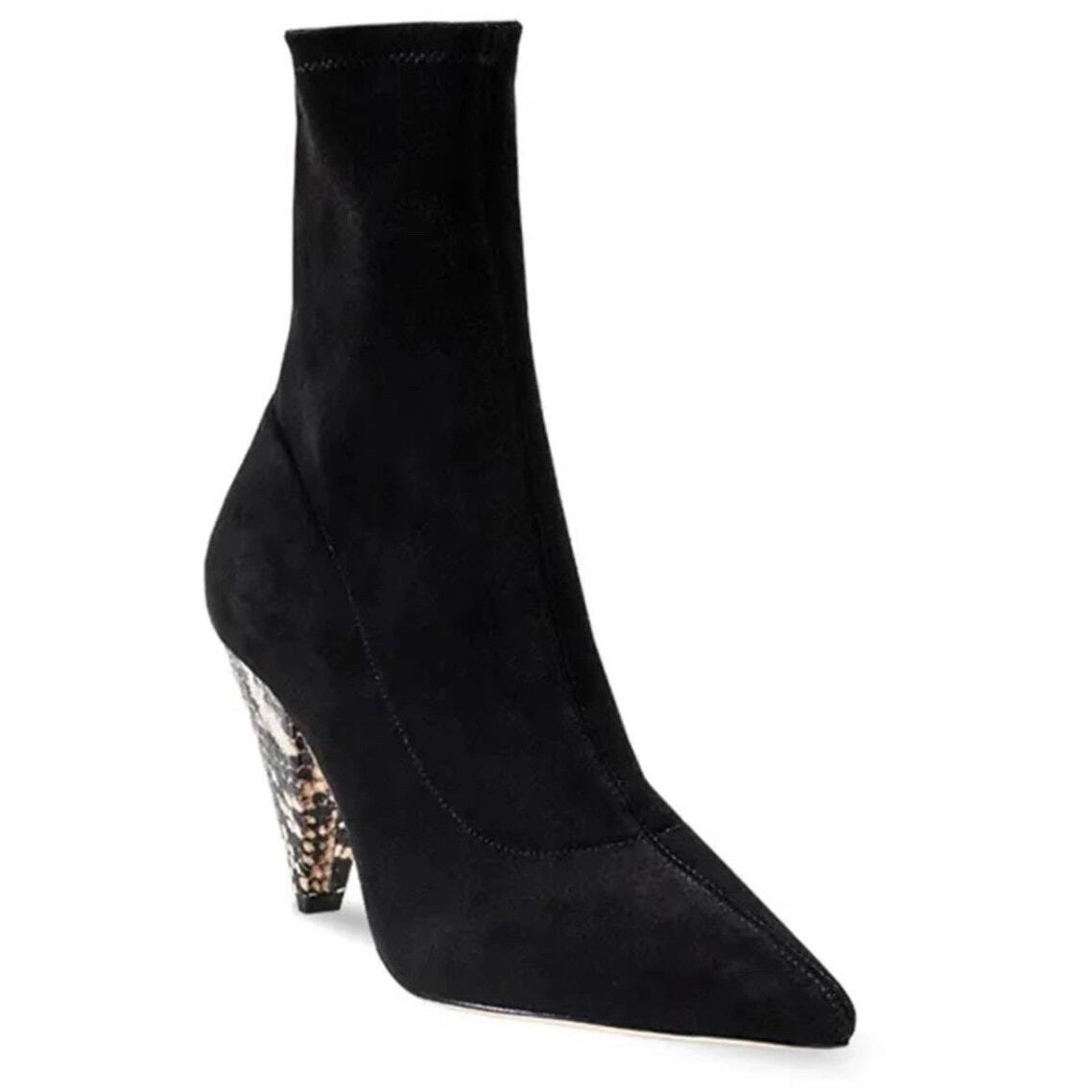 Black Suede Studio Women's Black Heeled Boot w/ Snakeskin Heel Size NWOB