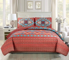 Orange Southwest Tribal Western 3 pc Quilt Set Full Queen Size Bedspread Cover