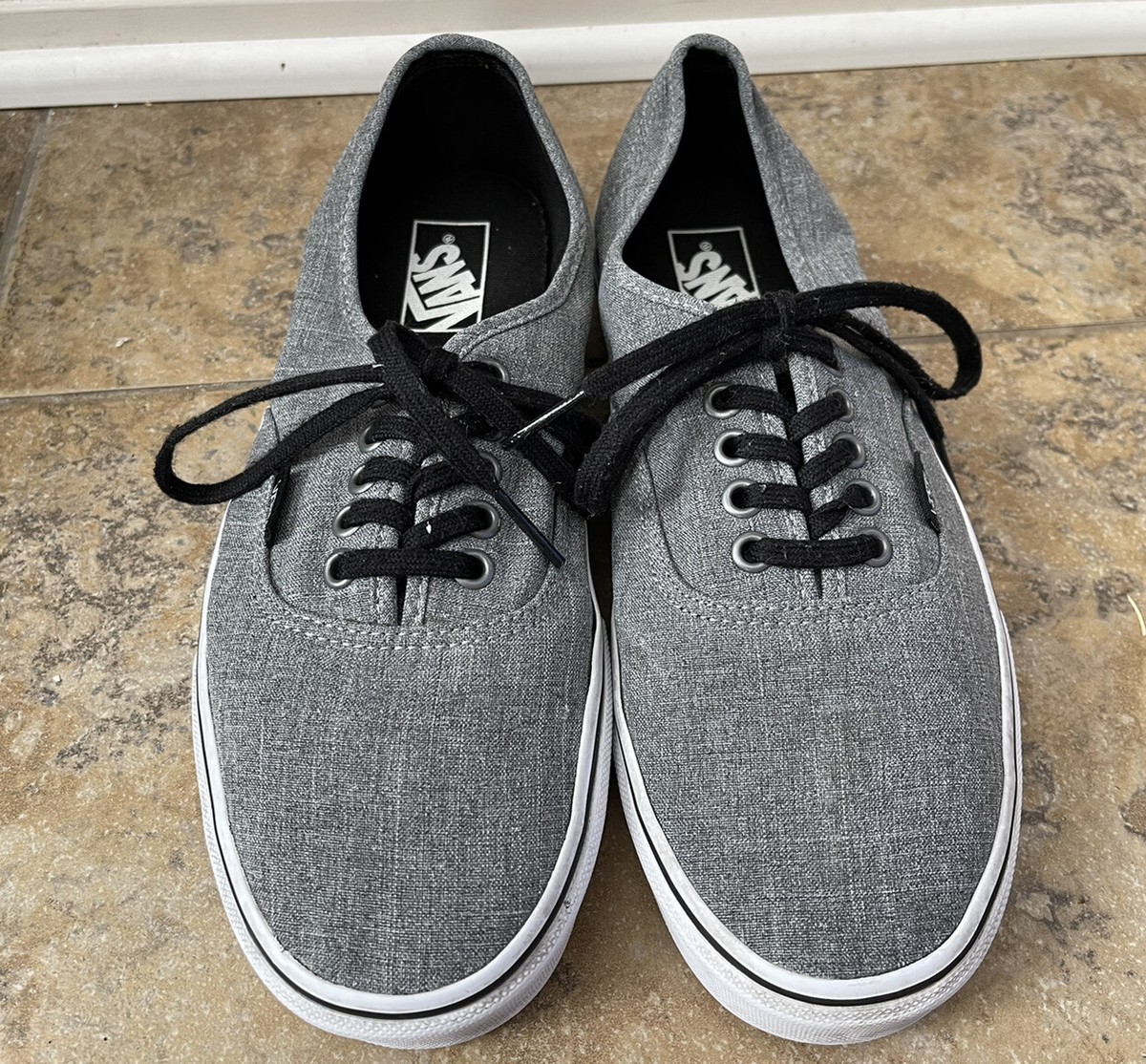 VANS Off The Wall Mens Size 8.5 Gray Canvas Chambray Low Top Skate Sneakers TC9R Vans Off The Wall Low Top Textile Gray Black | Mercari main image 3