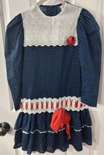 Vintage Peaches N Cream Girl s Size 7 Navy Dotted White Eyelet Trim Dress 1970s