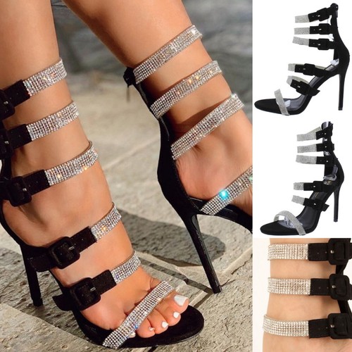Prom Wedding Black Clear Rhinestone Strappy Stiletto High Heel Pump Sandals  H234 | eBay