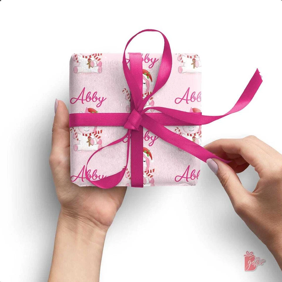 Papel de Envolver Personalizado Navidad con Nombre Diseño Unicornio Lindo Envoltura de Regalo Rosa Foto 2 de 4