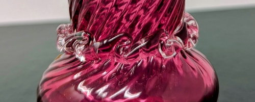 Vintage Cranberry Pilgrim Glass Optic Swirl Bud Vase with Wrapped Clear Band - Picture 4 of 8