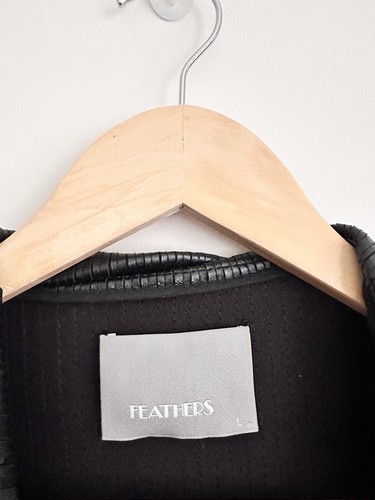 Feathers Boutique Black Faux Leather Textured Striped Lapel Jacket Size Large - Picture 3 of 12