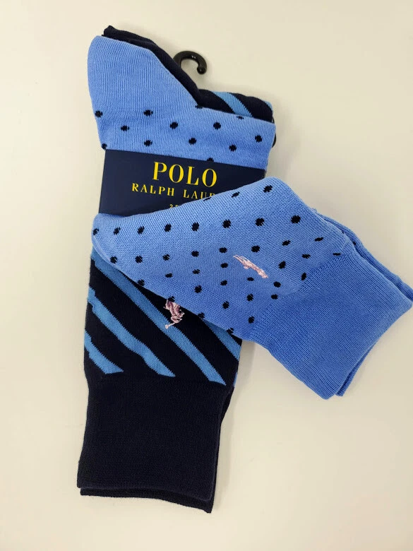 Polo Ralph Lauren Men's 2 Pack Polka Dot & Stripe Pony Dress Crew Sock 10-13