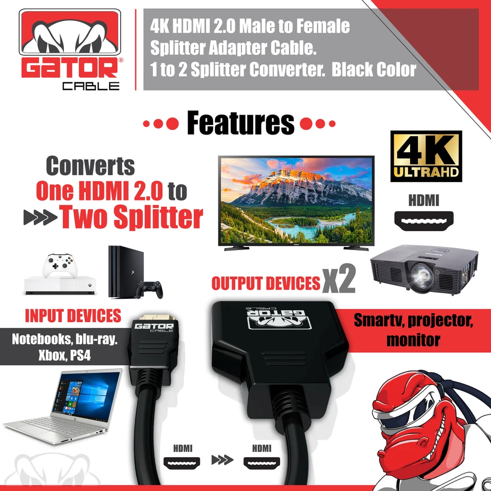 4K HDMI 2.0 Cable Splitter Switch UHD HDTV Switcher Signal Split 1 In To 2 Out - Image 4 of 4