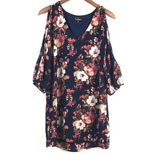 Lulus Dress Small Blue Floral Cold Shoulder 3/4 Sleeve Shift V Neck Knee Length