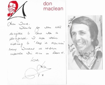 Don Maclean handsignierte Fotokarte & handgeschriebener Brief Radio ''Keep it Maclean''