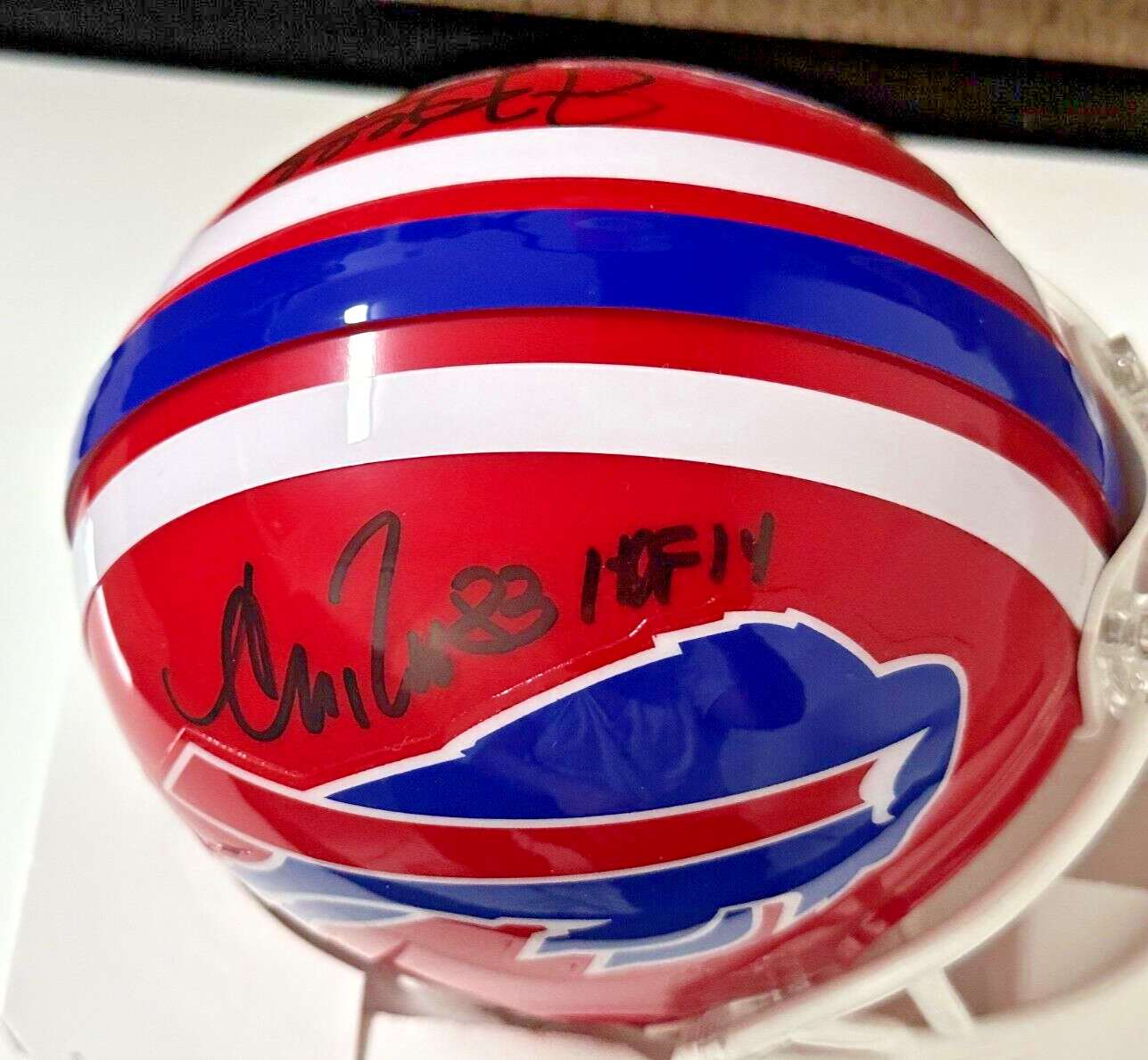 Jim Kelly Autographed Signed Buffalo Bills & Andre Reed Mini Helmet Auto - PSA 