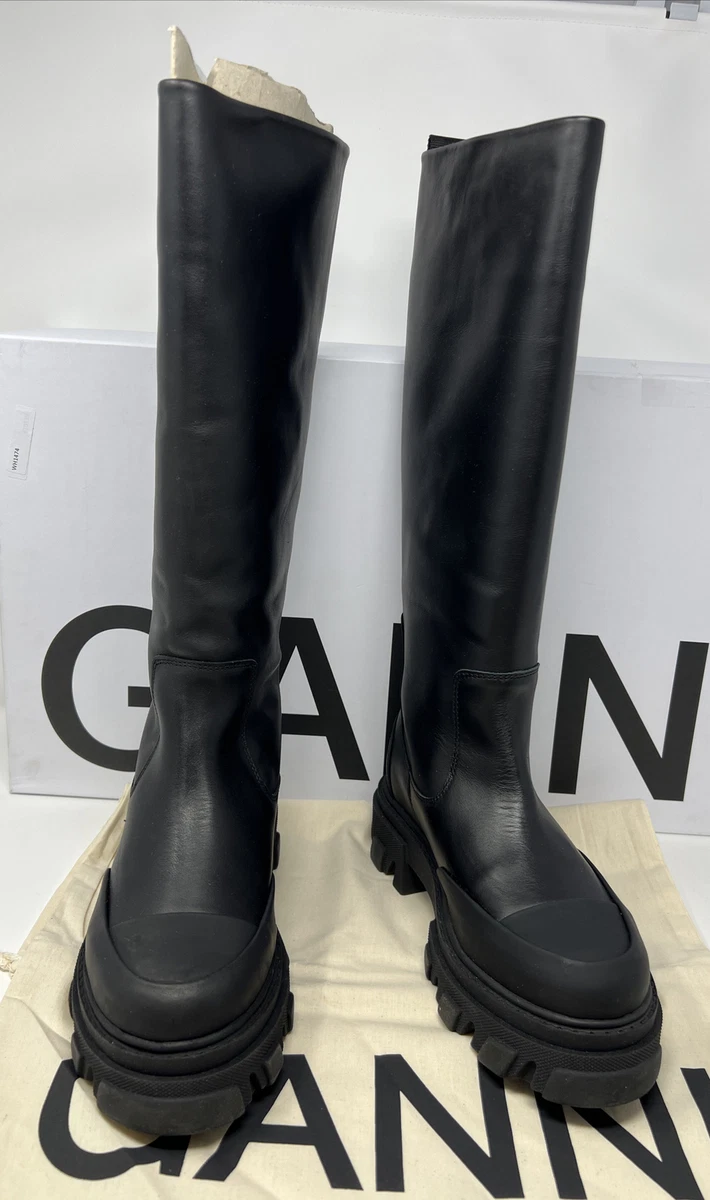 New GANNI Leather Knee High Tubular Platform Boots Black Size 39