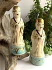 Pair Vintage Shawnee Pottery Asian Noble Man Incense Burner Holders Blue Gold 5”