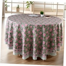 CPC Block Print Cotton Handmade Round Tablecloth 90 90" Round Pink Tourmaline