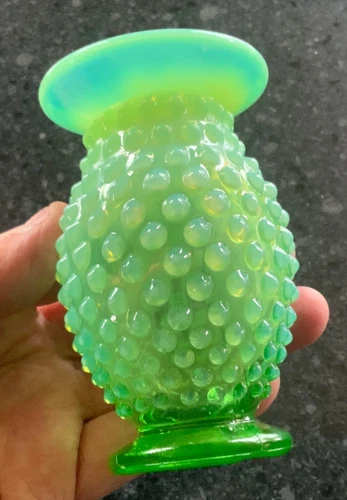 Vintage Uranium Fenton Green Opalescent Hobnail Glass Flower Vase 3 3/4” Tall